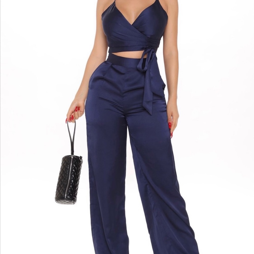 Luxury satin pants set- Navy
